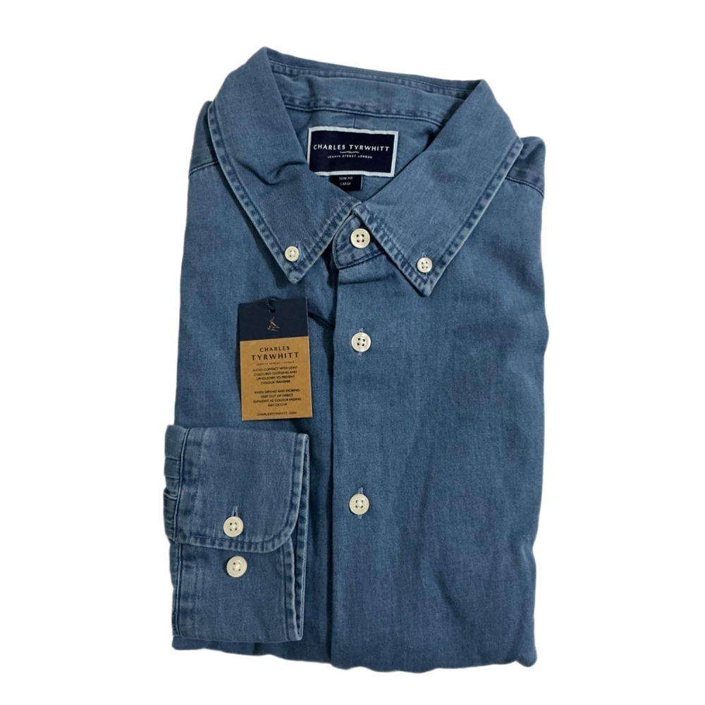 Charles Tyrwhitt Ocean Blue Denim Slim Fit Shirt Men's Large Button Down NWT